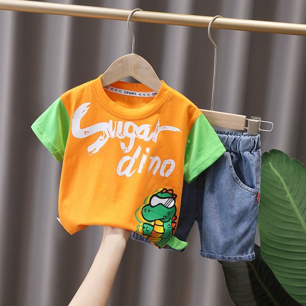 Σετ κοντό παντελονάκι τζιν - κοντομάνικη μπλούζα με σχέδιο δεινόσαυρο, πορτοκαλί - πράσινο